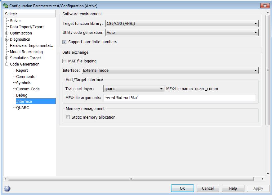 Configuration Parameters dialog Interface tab