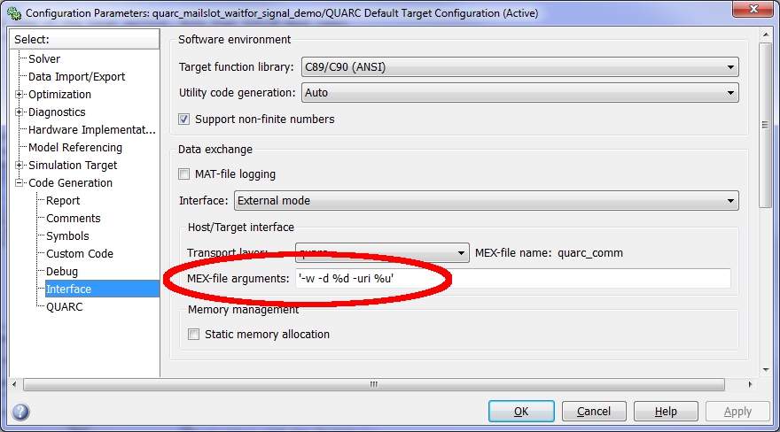 QUARC Mailslot WAITFOR Signal Configuration Parameters dialog