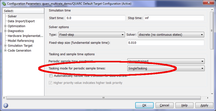 Multi-Rate Configuration Parameters dialog with Single-Tasking mode selected