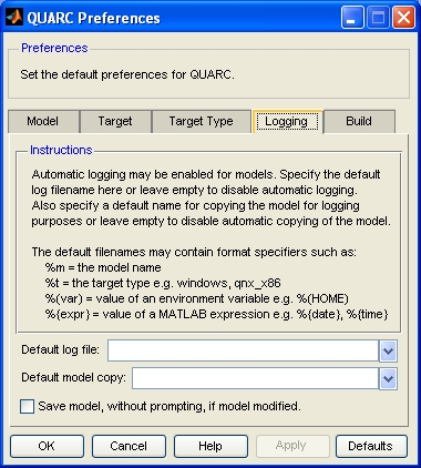 QUARC Preferences dialog Logging pane