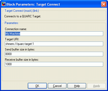 Target Connect Block Parameters Dialog