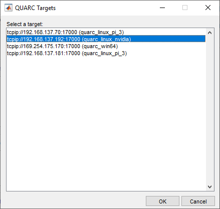 QUARC Targets dialog