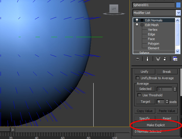 Adding an Edit Normals modifier to the whole sphere shows the normals as expected.  Select all the normals and click Make Explicit.