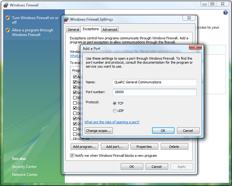 Opening a TCP/IP port on Windows Vista.