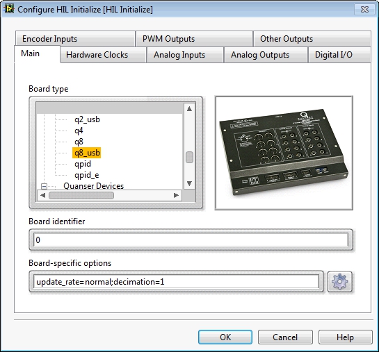 Main tab of HIL Initialize configuration dialog with Q8-USB selected.